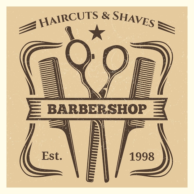 Vector etiqueta de barbería vintage diseño sobre fondo grunge