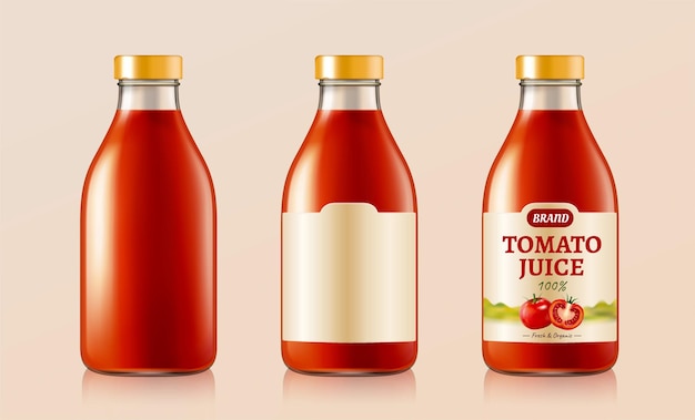 Etiqueta y botella de vidrio de jugo de tomate