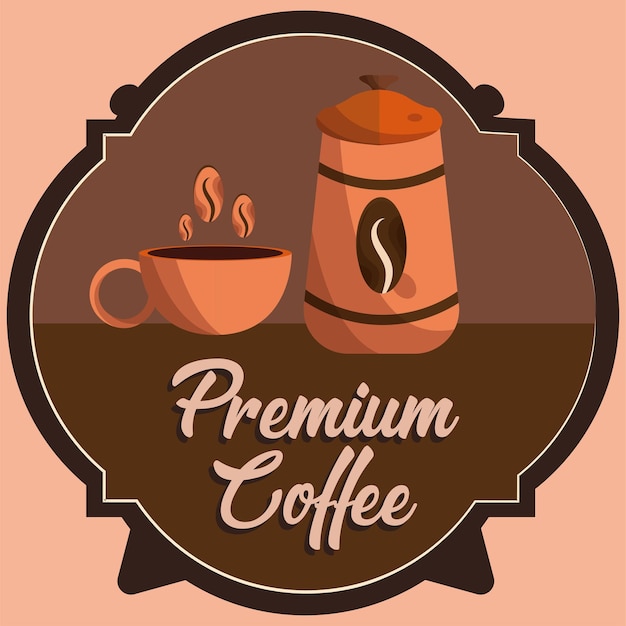 Etiqueta de café premium coloreada con una taza y una olla vector