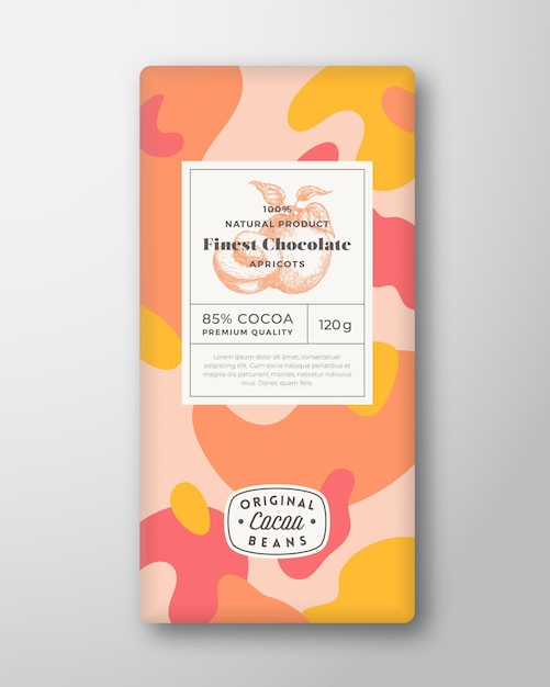 Etiqueta de chocolate con albaricoque. Diseño de empaquetado vectorial de formas abstractas con sombras realistas. Tipografía moderna, silueta de fruta dibujada a mano y fondo de patrón de camuflaje colorido. Aislado