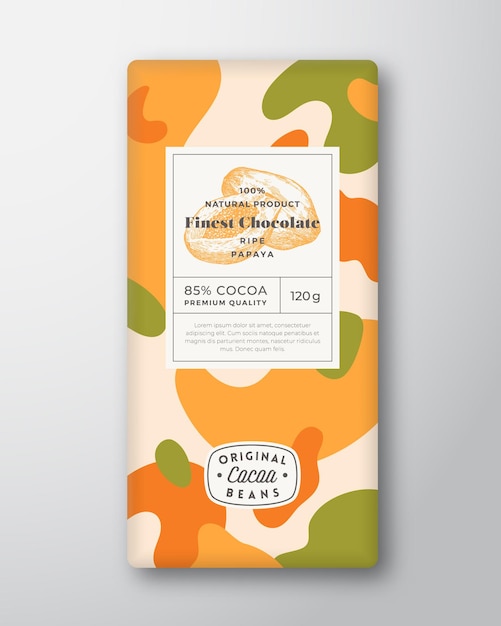 Etiqueta de chocolate de papaya formas abstractas diseño de envases vectoriales