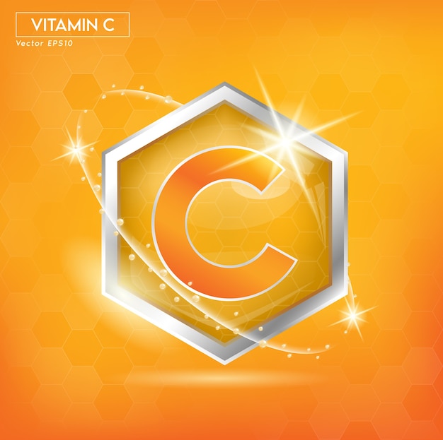 Etiqueta del concepto de vitamina c en letras naranjas en plata. para diseñar productos.