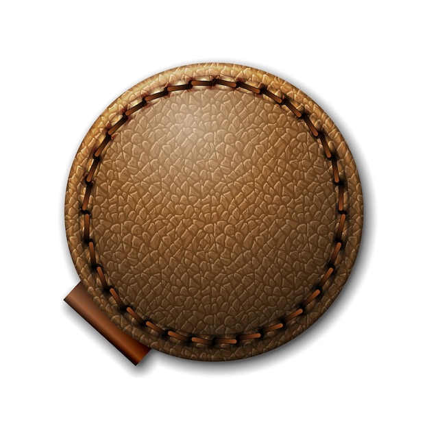 Vector etiqueta de cuero marrón de forma redonda con pespuntes. parche de cuero con costura. ilustración realista vectorial sobre fondo blanco.