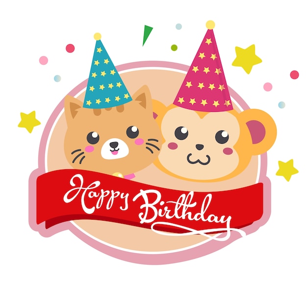 etiqueta de cumpleaños con mono y gato