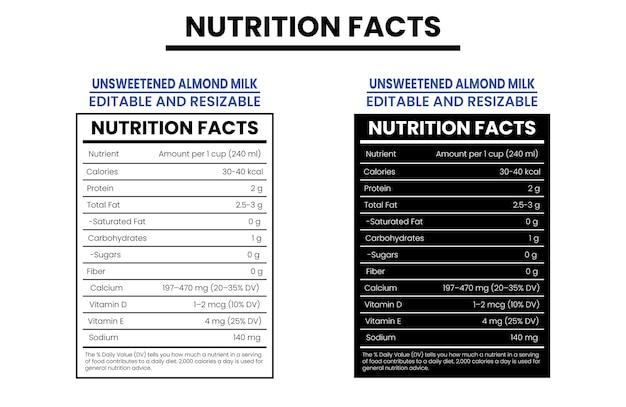 Etiqueta de datos nutricionales de la leche de almendra sin azúcar