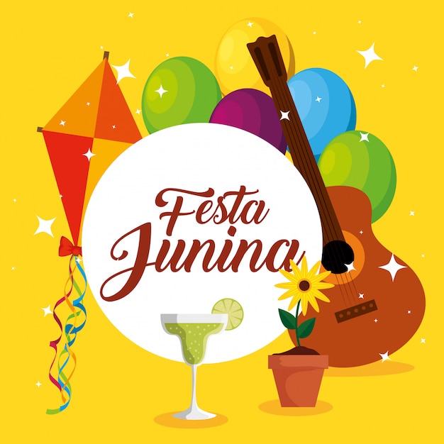 Etiqueta con decoración de cometa y guitarra para festa junina