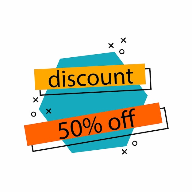 Etiqueta de descuento Etiqueta de precio de etiqueta de descuento promocional banner de sitio web en colores amarillo y azul burbujas geométricas planas de moda venta producto emblema marketing cupón vector plantilla de cartel retro