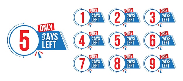 Etiqueta de días restantes de cuenta regresiva. Número 1, 2, 3, 4 5 6 7 8 9 de días restantes Venta de insignias de colección