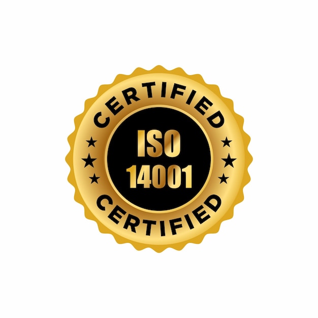 Etiqueta dorada certificada ISO 14001, ilustración vectorial