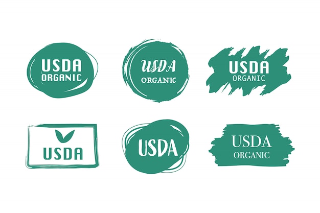 Vector etiqueta ecológica ecológica certificada usda y banner dibujado a mano garantizado.