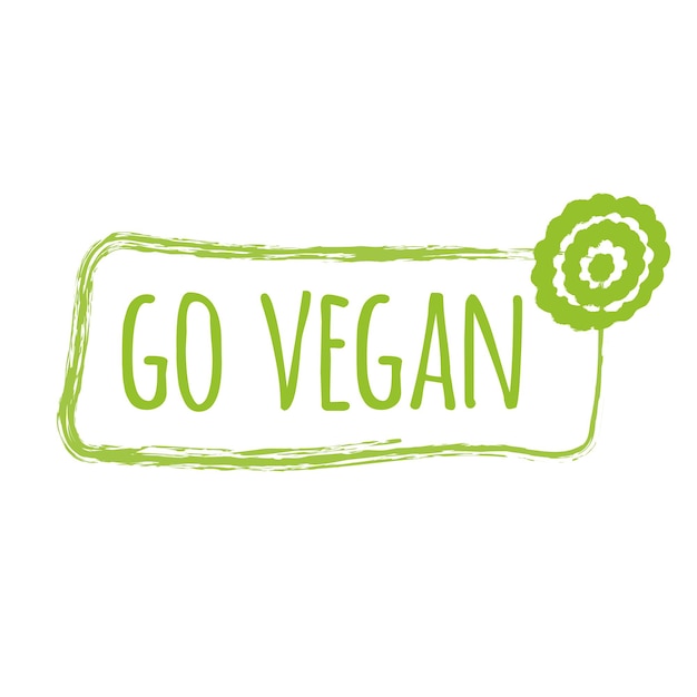 Etiqueta ecológica verde con texto Go Vegan en marco verde dibujado a mano con flor