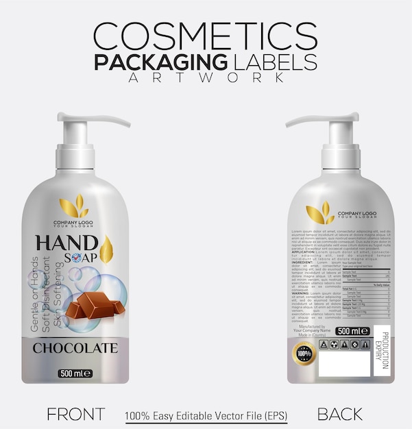 Etiqueta de embalaje de cosméticos Manos bomba de jabón líquido Mockup de botella con sabor a chocolate