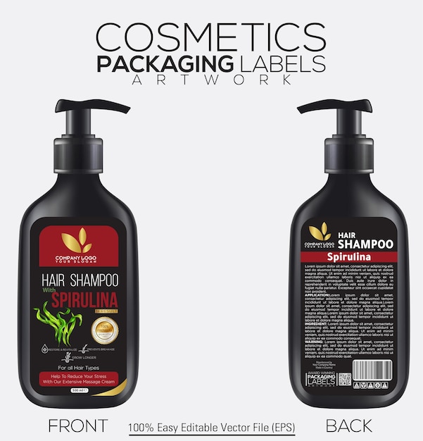 Etiqueta de embalaje de cosméticos Shampoo para el cabello Mockup de botella negra con espirulina
