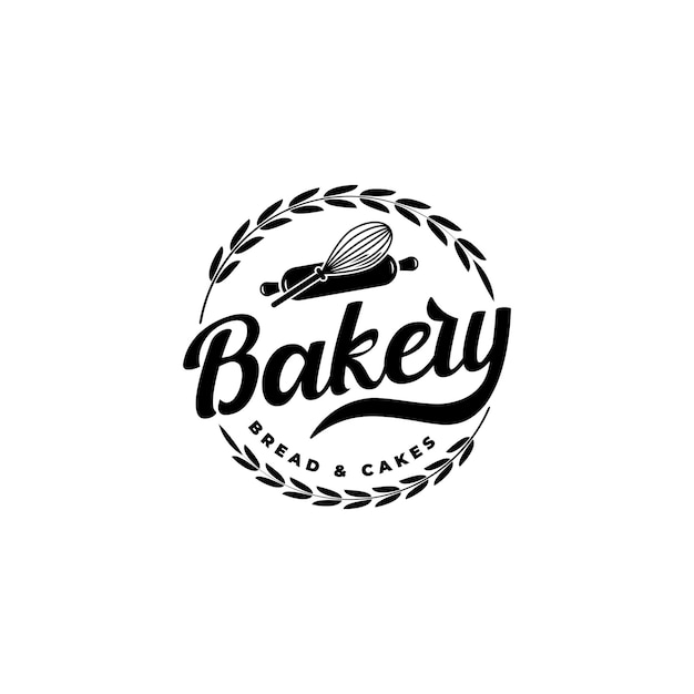 Etiqueta emblema insignia diseño de logotipo de panadería con batidor de globo de rodillo y trigo circular