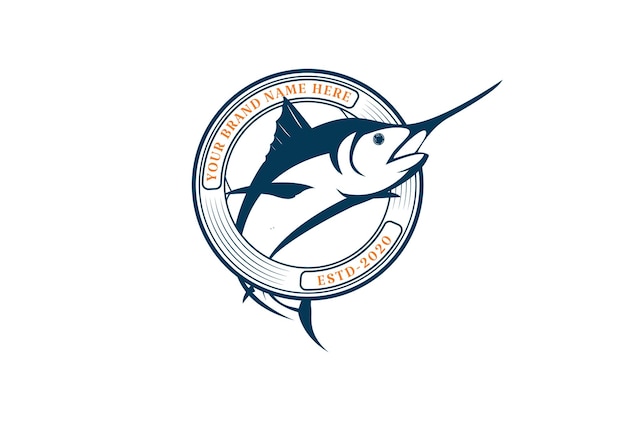 Etiqueta de emblema de insignia de pez espada Marlin de salto redondo circular para vector de diseño de logotipo de Angler Club