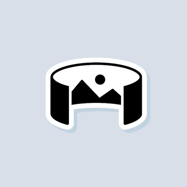 Etiqueta engomada de la cámara de 360 grados, logotipo, icono. Imagen panorámica de 360 grados. Cámara, icono de foto. Realidad virtual. Cambio de cámara frontal. Vector sobre fondo aislado. EPS 10