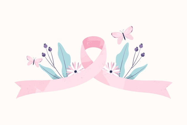 Vector etiqueta engomada del cáncer de mama con ilustración de cinta rosa