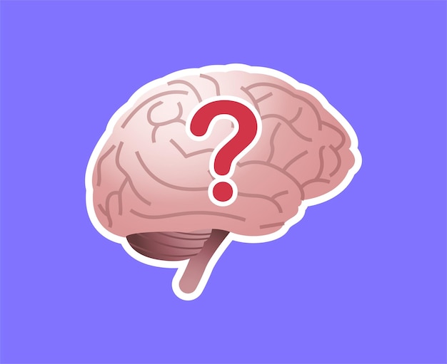 Etiqueta engomada del cerebro sobre fondo púrpura y el cerebro piensa que tiene una ilustración de vector plano de pregunta.