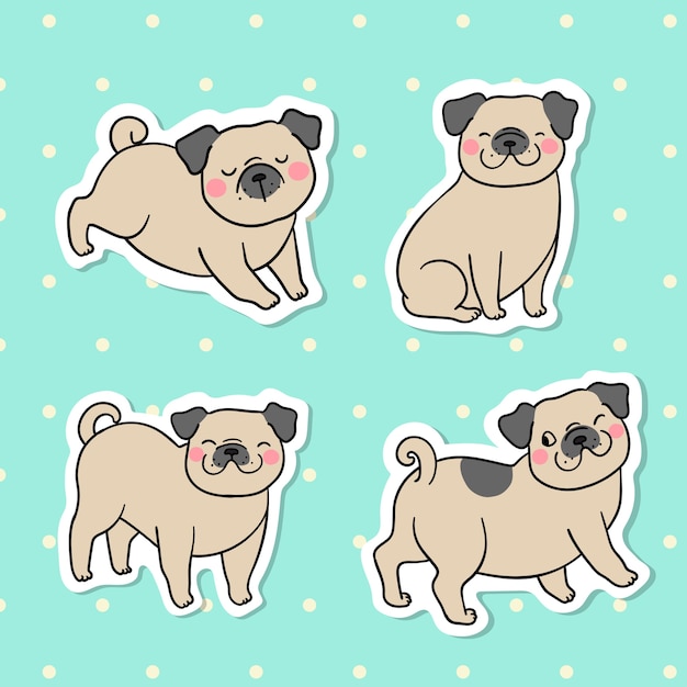 Etiqueta engomada de la colección de perro pug en pastel verde