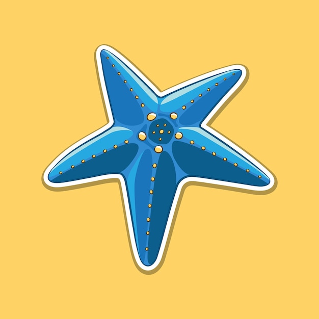 Etiqueta engomada de dibujos animados de estrellas de mar azul sobre un fondo amarillo