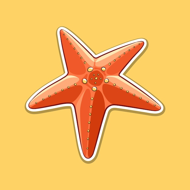 Vector etiqueta engomada de dibujos animados de estrellas de mar naranja sobre un fondo amarillo