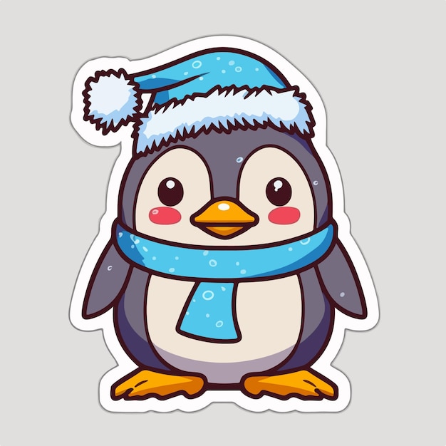 Etiqueta engomada de dibujos animados de pingüinos de Navidad pingüino de Navidad en pegatinas de sombrero decoración aislada