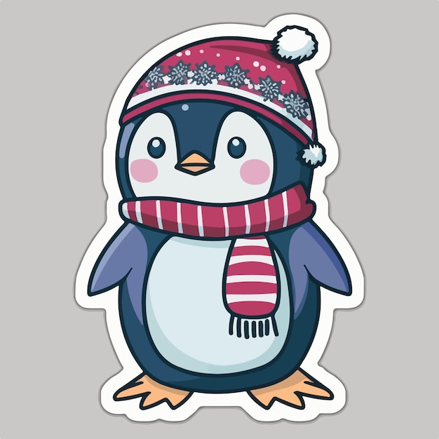 Etiqueta engomada de dibujos animados de pingüinos de Navidad pingüino de Navidad en pegatinas de sombrero decoración aislada