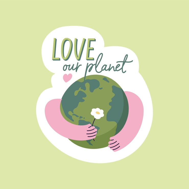 Etiqueta engomada ecológica de ilustración vectorial amor cita de nuestro planeta con manos humanas abrazando el globo terráqueo y sosteniendo la flor