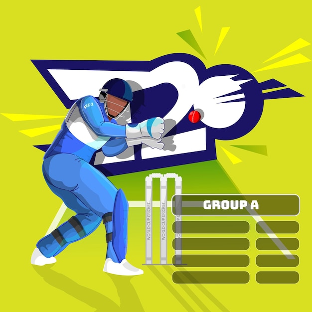 Etiqueta engomada del estilo de texto T20 con lista de grupo A y Wicket Keeper sin rostro en pose de captura sobre fondo amarillo.