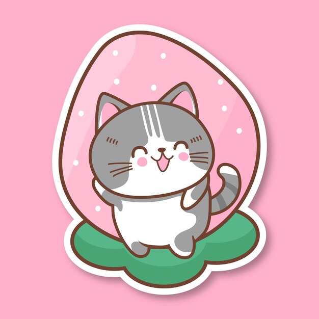 Etiqueta engomada del gato kawaii tan lindo del vector con fresa aislado