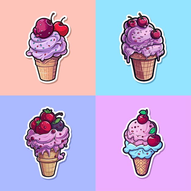 Etiqueta engomada de helado de cereza negra colores fríos colección de ilustraciones de imágenes prediseñadas kawaii