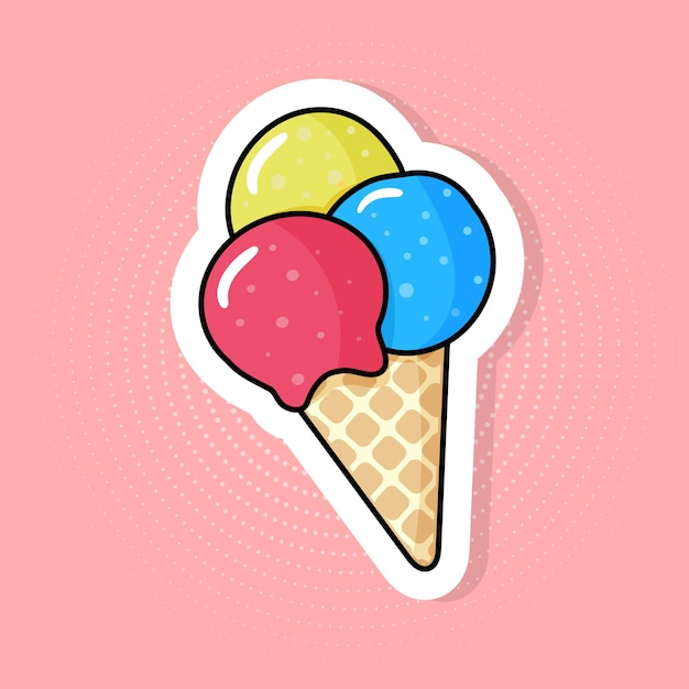 Vector etiqueta engomada del helado en estilo pop art sobre fondo de semitono rosa.