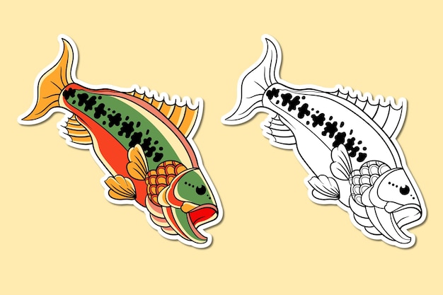 Etiqueta engomada de la ilustración de un tatuaje de salmón de la vieja escuela