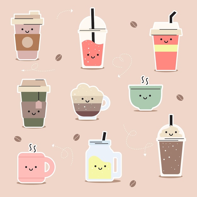 Etiqueta engomada de la ilustración del vector bebida café té soda agua fondo aislado