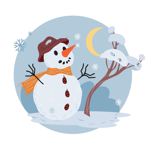 Etiqueta engomada de invierno o banner en marco de círculo con ilustración de vector de muñeco de nieve aislado
