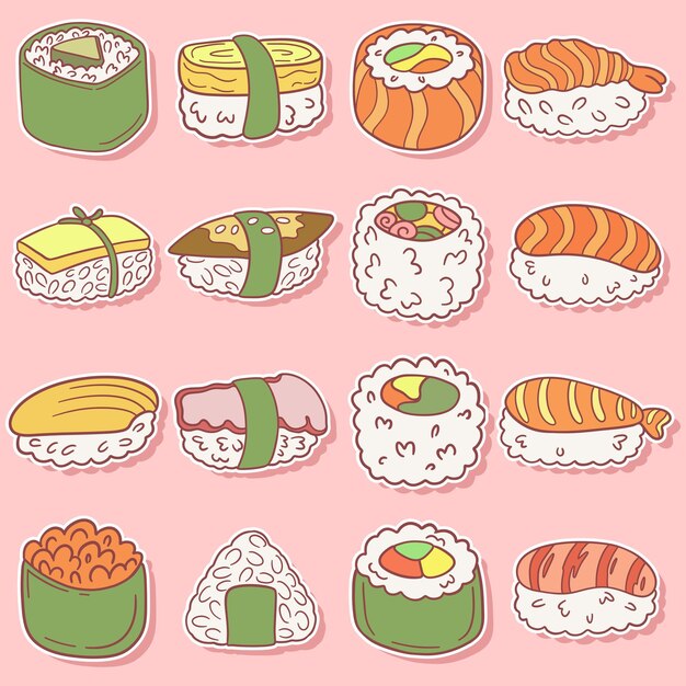 Etiqueta engomada japonesa del sushi de los mariscos arte del vector del garabato perfecto para los emoticonos y la decoración de la pared