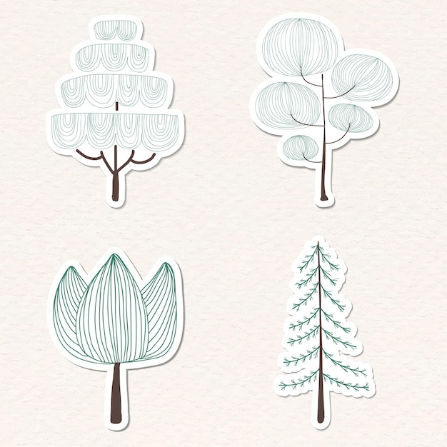 Etiqueta engomada linda del árbol de pino con un conjunto de vectores de borde blanco