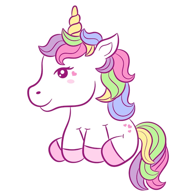 Etiqueta engomada linda del dibujo del unicornio con los colores del arco iris