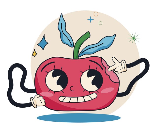 Etiqueta engomada de la manzana de dibujos animados retro en guantes blancos. Manzana divertida con ojos grandes.