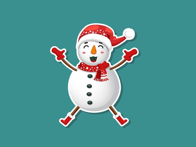Etiqueta engomada del muñeco de nieve de la historieta del vector. Feliz navidad y próspero año nuevo. elemento decorativo de vacaciones. Diseño de tarjetas de felicitación, carteles, etiquetas de regalo y etiquetas.