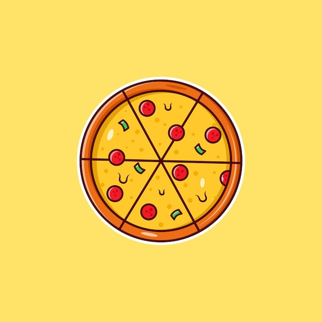 Etiqueta engomada de la pizza. ilustración de icono de vector de dibujos animados de pizza derretida sabrosa cargada de verduras.