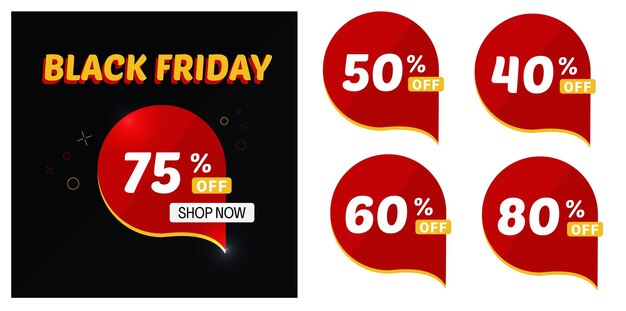 Etiqueta engomada redonda del viernes negro con un porcentaje de descuento Etiqueta de venta Amarillo Rojo Precio de oferta