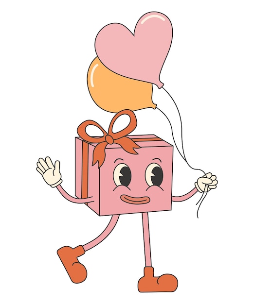 Etiqueta engomada retro del día de san valentín Caja de regalo de personaje con globos Estética de dibujos animados de los años 70 y 60