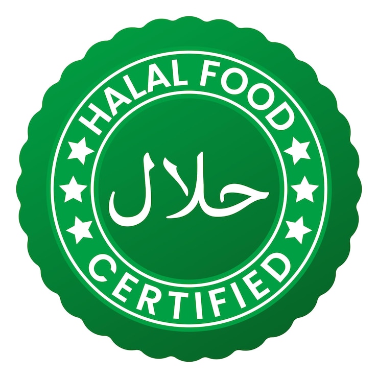 Vector etiqueta engomada del sello de green gradient halal food certified con ilustración de vector de estrellas