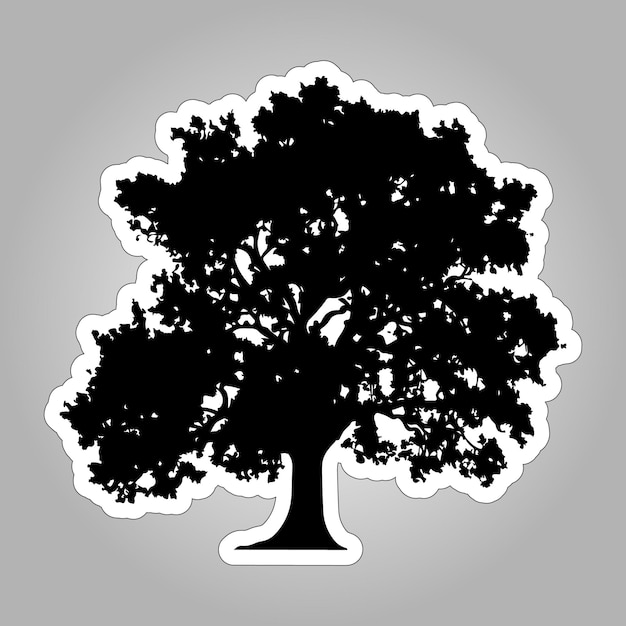 Etiqueta engomada de la silueta del árbol de roble negro sobre fondo blanco para imprimir