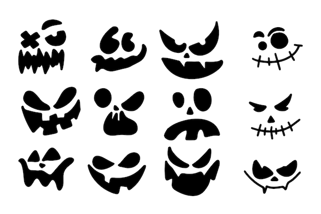 Etiqueta engomada de la silueta de la cara de Halloween Icono de calabazas de halloween de miedo conjunto ilustración vectorial