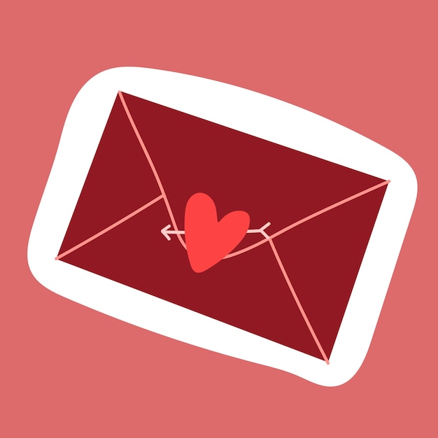 Etiqueta engomada del sobre del vector dibujado a mano con sello de forma de corazón aislado en rosa