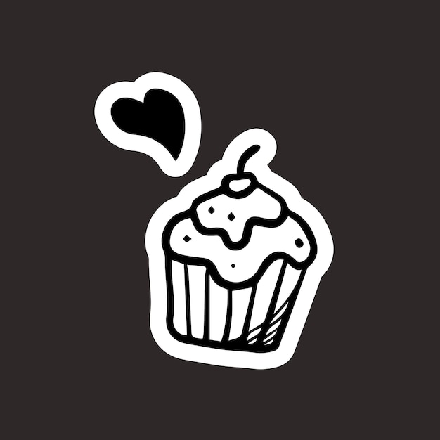 Vector etiqueta engomada de la torta del muffin del estilo del doodle en vector del fondo negro