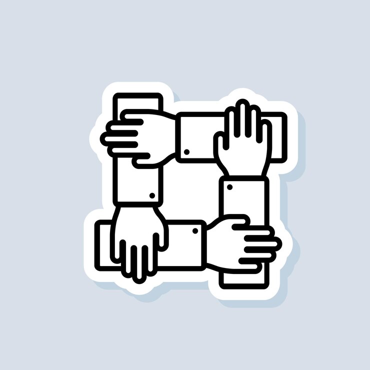 Etiqueta engomada del trabajo en equipo. Comunidad, logotipo de asociación empresarial. Gour manos juntas para la muñeca. Vector sobre fondo aislado. EPS 10.
