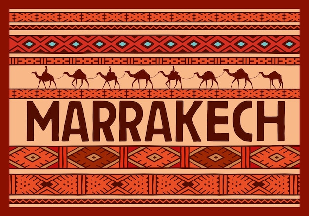 Etiqueta engomada turística de Marrakech Adorno de alfombra nacional y caravana de camellos